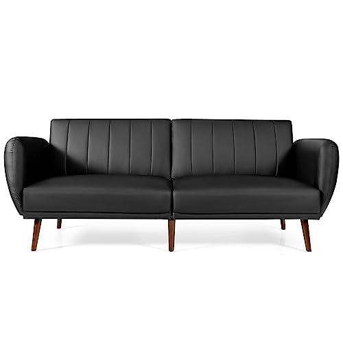 OUDINI Convertible Futon Schlafsofa, umwandelbares Schlafsofa, PU verstellbare Couch mit Holzbeinen, für Wohnzimmer, Zuhause, Schlafzimmer (Schwarz) von OUdini