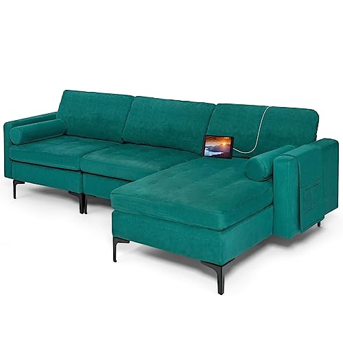 OUDINI L-förmiges Sektionalsofa, mit wendbarem Chaisel, Leinen, kleine Sektionalcouch, mit 2 USB-Anschlüssen, Blaugrün, für Wohnzimmer, Wohnung von OUdini