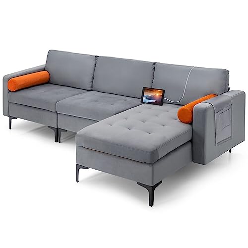OUDINI L-förmiges Sektionalsofa, moderne Couches aus Leinenstoff, mit 2 USB-Anschlüssen, Grau umwandelbares Sektionalsofa, Couch, für Wohnzimmer, Wohnung, Loft von OUdini