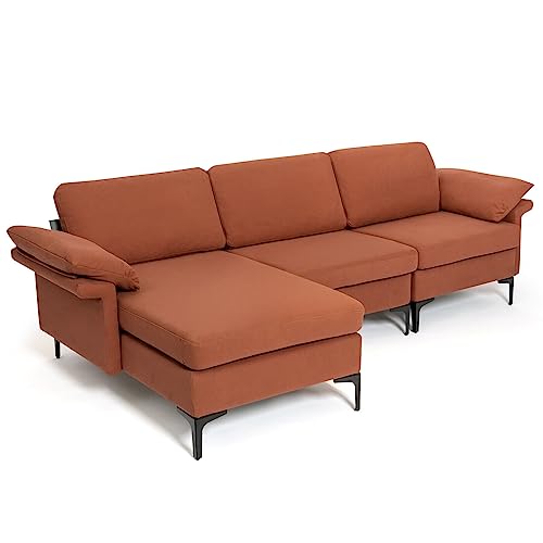 OUDINI Modernes L-förmiges Sektionalsofa, Leinen-Stoff-Sofa, mit wendbarem Chaiselier und 2 USB-Anschlüssen für Wohnzimmer, Wohnung, Loft (rot) von OUdini