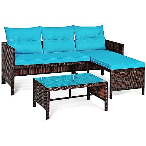 OUDINI Rattan-Sofa-Set, Terrassenmöbel, 3-teilig, für den Außenbereich, Terrasse, Gesprächssofa-Set, mit Tisch und Kissen, Veranda-Möbel für Deck, Balkon, Hinterhof von OUdini