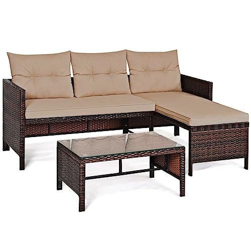 OUDINI Rattan-Sofa-Set, Terrassenmöbel, 3-teilig, für den Außenbereich, Terrasse, Gesprächssofa-Set, mit Tisch und Kissen, Veranda-Möbel für Deck, Balkon, Hinterhof von OUdini