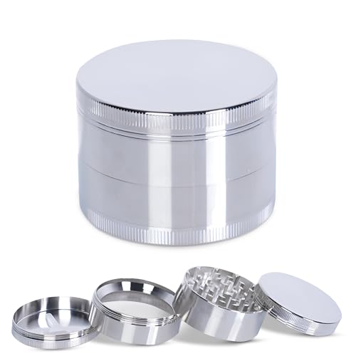 OVADA Grinder aus Zink – 4-teilig mit Antihaft-Beschichtung & Schaber, robuste Kräutermühle/Gewürzmühle/Crusher für Kräuter, Dry Herbs & Spices (Silber, Large (Ø 63 × 44 mm)) von OVADA