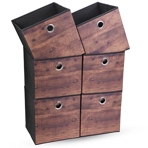 OVAKIA 6 er-Pack Aufbewahrungswürfel aus Stoff, ohne Deckel Zusammenklappbarer 30 x 30 x 30 cm Schrank Aufbewahrungsbox mit Griffen Organizer für Würfelregal Regal Einsatz (Holzdruck Schwarz) von OVAKIA