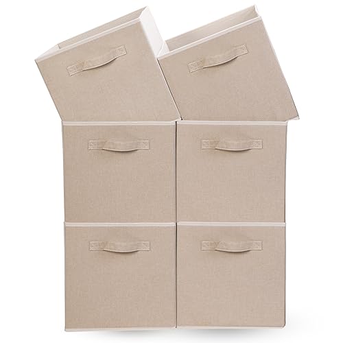 OVAKIA Faltbare Aufbewahrungsbox aus Stoff, 30 x 30 x 30 cm Aufbewahrungswürfel ohne Deckel, Zusammenklappbarer Schrank mit Griffen Organizer für Kleidung Würfelregal, 6 er-Pack, Beige von OVAKIA