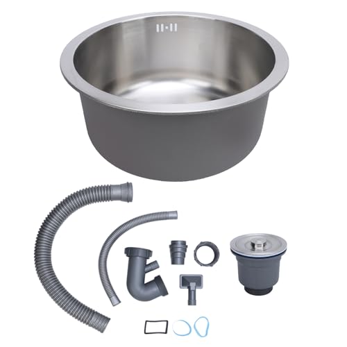 OVAQUIXI Runde Küchenspüle 304 Edelstahl Einschalenstangenspüle 16.5x7.1in mit Abflussrohr für Gemüsefruchtwäsche Geschirrspülungen (Gebürstet) von OVAQUIXI
