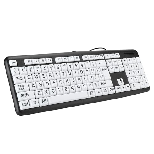 OVAQUIXI Schwarze Tastatur für Sehbehinderte, USB-verkabelte Tastatur für ältere Menschen mit Weißen Großdrucktasten, Großen Buchstaben, Plug-and-Play, 104 Tasten, 1,35 M Kabellänge (Black) von OVAQUIXI