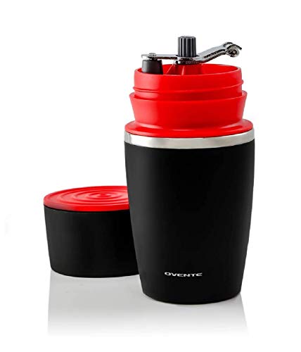 OVENTE Tragbare Kaffeemaschine mit verstellbarem Mahlgrad für einfachen frischen Espresso, trockene Kräuter und mehr, schwarz und rot (CMB281R), Edelstahl von OVENTE