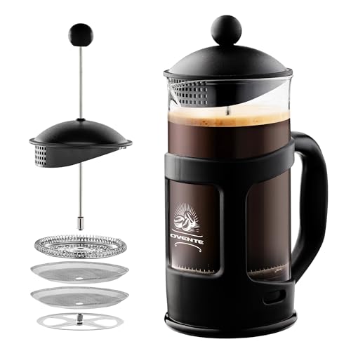 Ovente French Press Kaffeebereiter, 340 ml, mit hitzebeständigem Borosilikatglas und Edelstahl, 4-stufiges Filtersystem, tragbare Kaltbrüh-Kaffeemaschine für Reisen, Camping oder Geschenk, schwarz von OVENTE