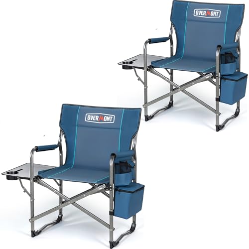 OVERMONT Campingstuhl Faltbar Regiestuhl Klappbar - bis 180 KG Belastbar - 2PCS Klappstuhl mit Seitentisch Kühltasche für Camping Angeln Festival Blaugrau von OVERMONT