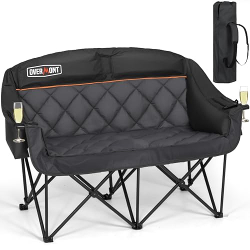 OVERMONT Campingstuhl Faltbar für 2 Personen - XXL Hochlehner Gartenstuhl - Tragbar Klappstuhl für Outdoor Camp Garten Balkon Strand Angel - bis zu 385 kg (Schwarz-Grau) von OVERMONT