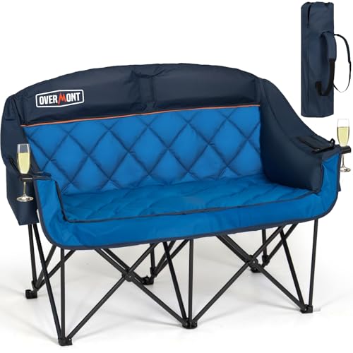 OVERMONT Campingstuhl Faltbar für 2 Personen - XXL Hochlehner Gartenstuhl - Tragbar Klappstuhl für Outdoor Camp Garten Balkon Strand Angel - bis zu 385 kg Blau von OVERMONT