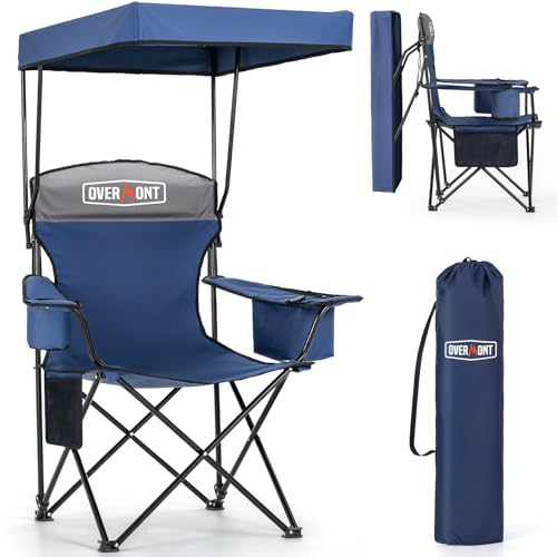 OVERMONT Campingstuhl Faltbar mit Sonnendach - Strandstuhl Klappbar mit Getränkehalter Kühlbeutel - Sonnenliege mit Dach für Outdoor Camping Angeln Garten Blaugrau von OVERMONT