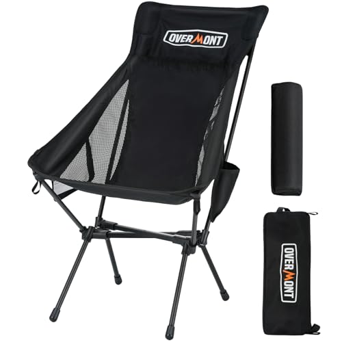 OVERMONT Campingstuhl Hochlehner Faltbar mit Kopfstütze - Leichter Klappstuhl bis 200 KG - Angelstuhl Klappbar Tragbar mit Tragetasche - für Outdoor Wandern Picknick Angeln Strand Schwarz von OVERMONT