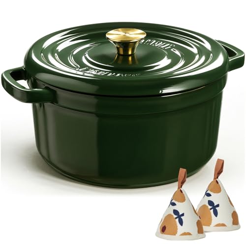Overmont Bräter Emailliert Gusseisen Topf - Dutch Oven 26cm backofengeeignet mit Deckel und Kochbuch - für Braten Küche Backen Schmoren Dunkelgrün von OVERMONT