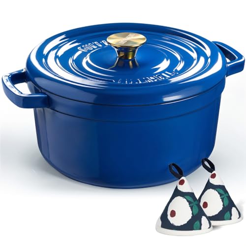 Overmont Bräter Emailliert Gusseisen Topf - Dutch Oven 26cm backofengeeignet mit Deckel und Kochbuch - für Braten Küche Backen Schmoren Königsblau von OVERMONT