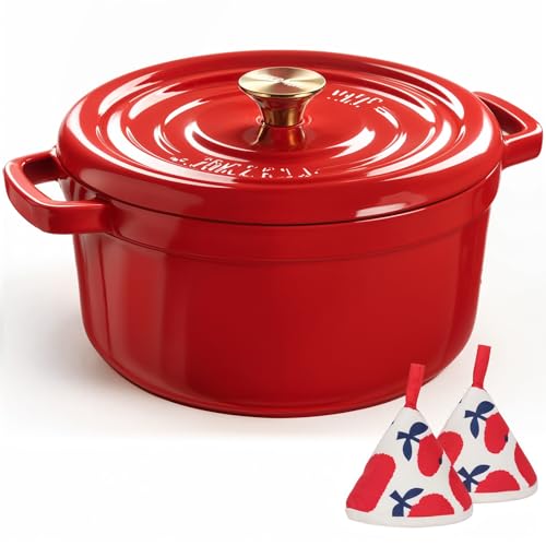 Overmont Bräter Emailliert Gusseisen Topf - Dutch Oven 26cm backofengeeignet mit Deckel und Kochbuch - für Braten Küche Backen Schmoren Rot von OVERMONT