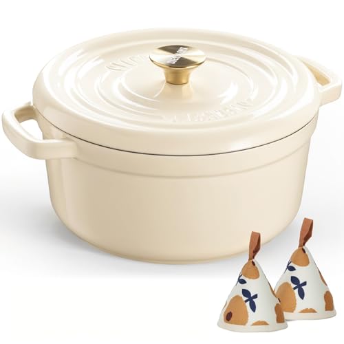 Overmont Bräter Emailliert Gusseisen Topf - Dutch Oven 26cm backofengeeignet mit Deckel und Kochbuch - für Braten Küche Backen Schmoren Weiß von OVERMONT