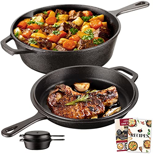 Overmont Gusseisen Topf Brot Backen - Gusseisen Bräter mit Deckel Langem Griff- 2in1 Cast Iron Pot mit Rezeptbuch - einsatzfertig eingebrannt- für Küche Camping Garten BBQ Backen Gasgrill von OVERMONT