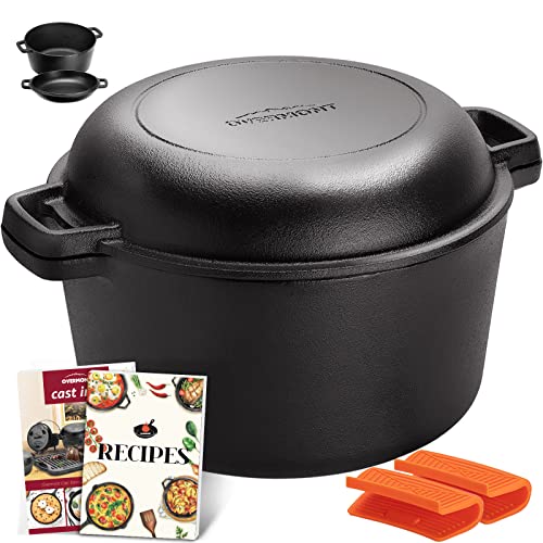 Overmont Gusseisen Topf Dutch Oven einsatzfertig eingebrannt Doppelfunktion Deckel/Bratpfanne für Küche Camping Garten BBQ Backen Gasgrill von OVERMONT