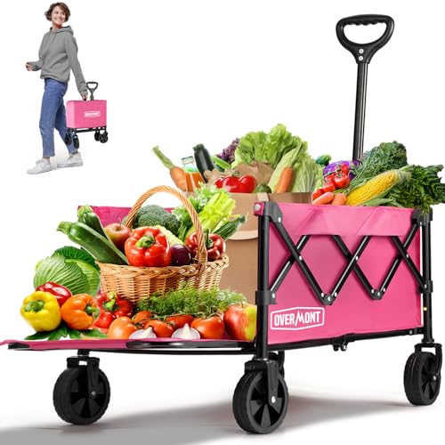 Overmont Klappbar Bollerwagen mit Faltbarer Heckklappe - Alle Gelände Räder - 100L mit Seitentaschen Getränkehalter Verstellbarem Griff - bis 100 kg Tragkraft Rosa von OVERMONT