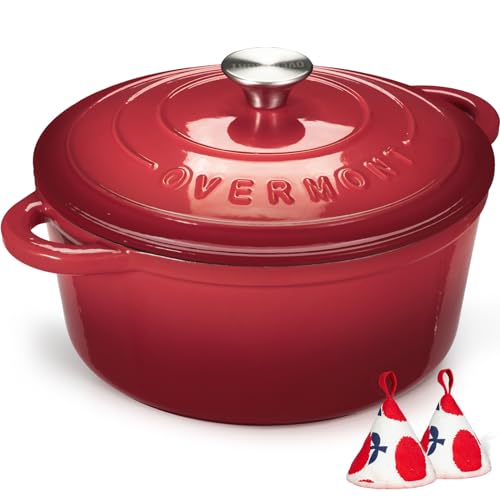 Overmont Schmortopf Gusseisen Topf 26cm - Emaille Bräter mit Deckel backofengeeignet - mit Kochbuch - für Küche Backen Schmoren Braten Rot von OVERMONT