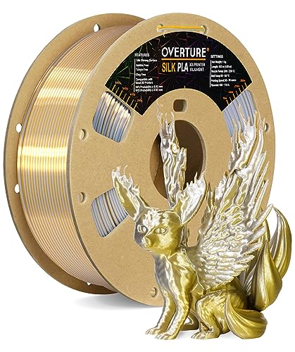 OVERTURE Silk PLA Zweifarbig Filament 1.75mm für 3D Drucker, 1kg Spule (2.2lbs), Maßgenauigkeit +/- 0.03mm 3D Drucker Filament (Silk Gold-Silber) von OVERTURE