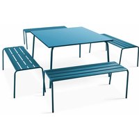 Quadratischer Gartentisch und 4 Metallbänke Pazifisch blau - Pazifisch blau von OVIALA