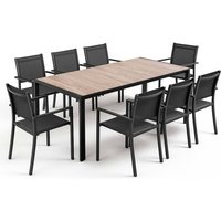 Set aus Gartentisch aus Aluminium in Holzoptik und 8 schwarzen Sesseln - Tivoli von OVIALA