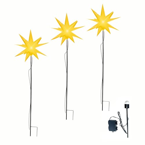 Leuchtstern 3D mit LED Beleuchtung | 3er Set mit Erdspieß | gelb | Ø 27 cm | 3D Stern mit 15 Spitzen | wetterfest | Garten Deko, Weihnachtsdeko | Weihnachtsstern | mit Timer | batteriebetrieben Leuchtstern 3D mit LED Beleuchtung | 3er Set mit Erdspieß | gelb | Ø 27 cm | 3D Stern mit 15 Spitzen | wetterfest | Garten Deko, Weihnachtsdeko | Weihnachtsstern | mit Timer | batteriebetrieben von OVILUM