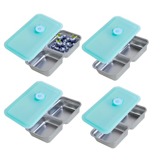 OVIRSHOP Edelstahl Snackbox mit 2 Fächern, 4 Stück Snackteller Salatdressing Behälter mit Auslaufsicherer Silikon Deckel OVIRSHOP Edelstahl Snackbox mit 2 Fächern, 4 Stück Snackteller Salatdressing Behälter mit Auslaufsicherer Silikon Deckel von OVIRSHOP