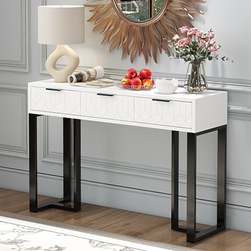 OVLRIJP Konsolentisch mit 3 Schubladen, Konsolentisch Weiss, Goldfarbenem Gestell, Schminktisch Frisiertisch, Flurtisch für Eingang, Flur, Wohnzimmer und Schlafzimmer, 120 x 36 x80cm (Schwarz) von OVLRIJP