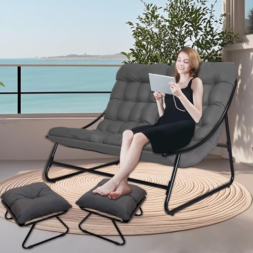 OVLRIJP Doppelliege Outdoor 2 Personen, Outdoorsessel, Loungesessel Outdoor, Gartenliege 2 Personen, Relaxsessel Garten mit Auflage Abnehmbar, Relaxliege für Garten,Terrasse (Grau/mit 2 Hocker) von OVLRIJP
