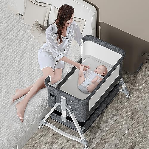 3-in-1 Babywippe,baby beistellbett, tragbares Kinderbett für Babys,beistellbett baby boxspringbett, verstellbare Seitenbetten für Babys, babybett mit Matratze, Aufbewahrungskorb und Moskitonetz von OVOGGPAN