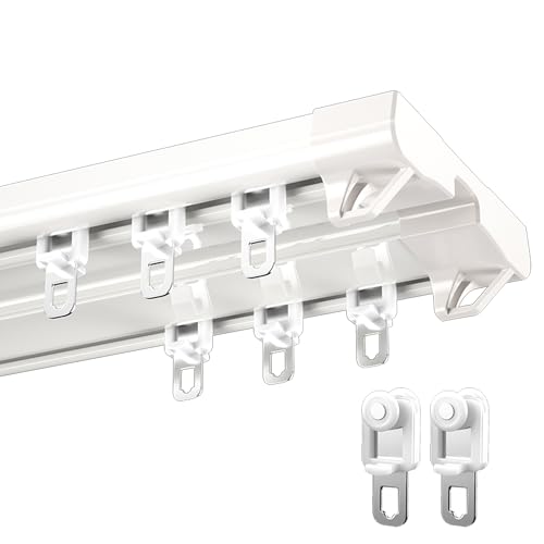 Doppelte Vorhangschiene aus Aluminium – Deckenmontierte, geräuscharme Doppelschiene für transparente und verdunkelnde Vorhänge, gerades/L-/U-förmiges Raumteilersystem(Wit,1.8m/5.9ft) von OVOGGPAN