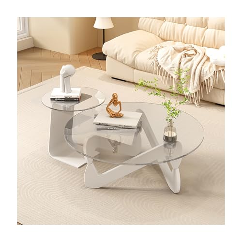 OVOGGPAN 2-teiliges Set Moderner runder Couchtisch Mid Century Beistelltisch Teetisch Kombination Wohnzimmer Runder Eck-Beistelltisch für Balkon(White+Clear,80cm/31.5in) von OVOGGPAN