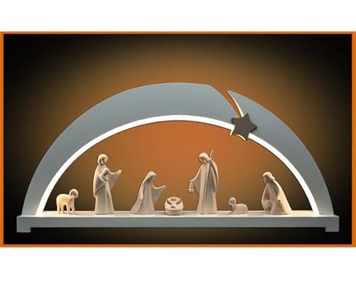 Moderne Krippe aus Holz mit LED-Bogen weiß Krippe Set Krippe 13 cm Weihnachtsdekoration beleuchtet 8 Figuren (Natur) von OVUNQUE PROTEGGIMI