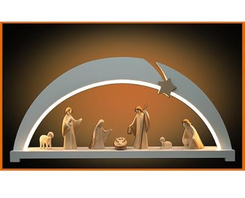 Moderne Krippe aus Holz mit LED-Bogen weiß Krippe Set Krippe 13 cm Weihnachtsdekoration beleuchtet 8 Figuren (brüniert) von OVUNQUE PROTEGGIMI