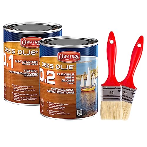 OWATROL® Deks Olje D1 + D2 Set [1 Liter] + 2er Set Pinsel - Holzsättiger + Klarlack - Bootslack für Holz - Hochglanz Klarlack - Holzsättiger für Tropenhölzer - Holzimprägnierung - Imprägnieröl von OWATROL