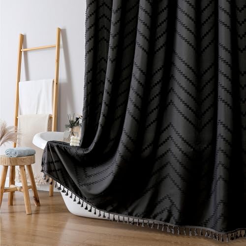 OWENIE Extra langer schwarzer Boho-Duschvorhang, schick, getuftet, Chevron, gestreift, strukturierter Stoff, Duschvorhänge mit Quaste für Badezimmer, weicher Hotel-Stil, Bauernhaus, maschinenwaschbar OWENIE Extra langer schwarzer Boho-Duschvorhang, schick, getuftet, Chevron, gestreift, strukturierter Stoff, Duschvorhänge mit Quaste für Badezimmer, weicher Hotel-Stil, Bauernhaus, maschinenwaschbar von OWENIE