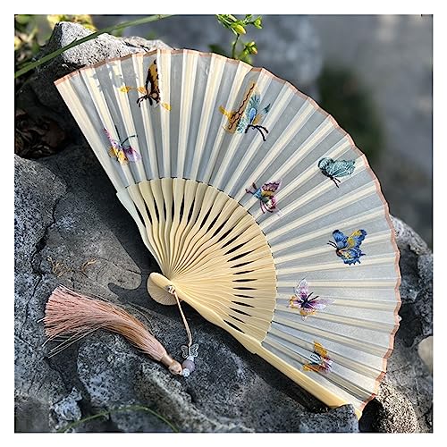 OWIEN Handfaltfächer for Damen, bestickter Faltfächer im chinesischen Stil, Bambusrippen-Seidenfächer mit eleganter Quaste von OWIEN