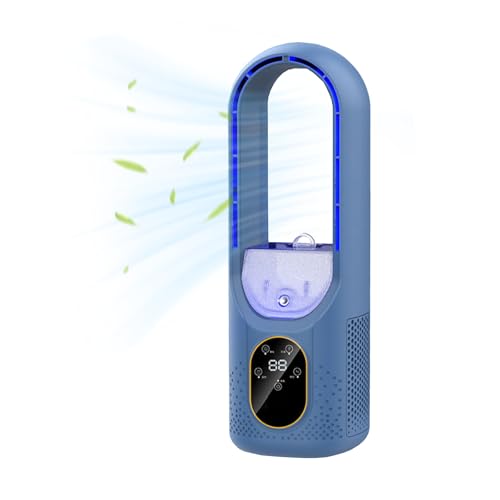 OWJHE USB Turmventilator Ohne FlüGel mit Sprüh & Befeuchtungsfunktion | LED Turmventilator |3-Sekunden-Kühlung | 6 Windstufen | 6h Timer | 100ml Wasserbehälter | Büro/Wohnzimmer/Schlafzimmer (Blau) von OWJHE