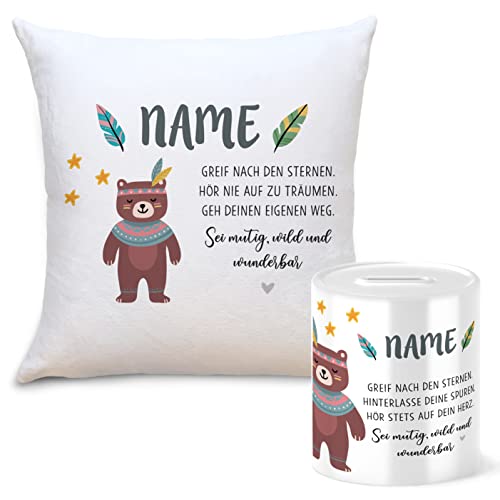 OWLBOOK Boho Bär Geschenkset Kinder Spardose und Kissen Personalisiert mit Namen Geschenke Geschenkideen für Kinder Baby Junge Mädchen zum GeburtstagWeihnachten Einschulung Taufe Geburt Sparschwein von OWLBOOK