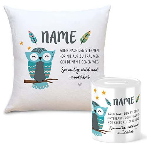 OWLBOOK Boho Eule Geschenkset Kinder Spardose und Kissen Personalisiert mit Namen Geschenke Geschenkideen für Kinder Baby Junge Mädchen zum GeburtstagWeihnachten Einschulung Taufe Geburt Sparschwein von OWLBOOK