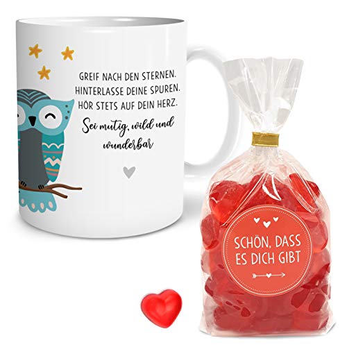 OWLBOOK® Geschenke für Kinder Boho Eule Kinder Tasse mit Fruchtgummiherzen Geschenke Geschenkideen für Mädchen zum Geburtstag Einschulung Kindertasse Trinkbecher Keramik 300 ml von OWLBOOK