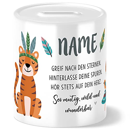 OWLBOOK Spardose Kinder Jungen Mädchen Personalisiert Boho Tiger Kinder Spardose Personalisiert mit Namen Geschenke Geschenkideen Weihnachten zum Geburtstag Einschulung Taufe Geburt Sparschwein von OWLBOOK