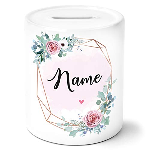 OWLBOOK Dein Wunschname rosa Blumen Spardose Geschenke Geschenkideen für die Freundin und Frau zum Geburtstag von OWLBOOK