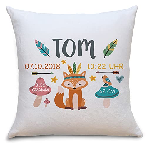 OWLBOOK Geburtskissen Fuchs Boho Flauschige Kissenhülle mit Namen und Geburtsdaten Geschenke Geschenkideen zur Geburt Baby Kind Mädchen Junge zur Taufe von OWLBOOK