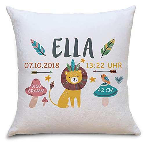 OWLBOOK Geburtskissen Löwe Boho Flauschiges Kissen mit Namen und Geburtsdaten Geschenke Geschenkideen zur Geburt Baby Kind Mädchen Junge zum Geburtstag von OWLBOOK