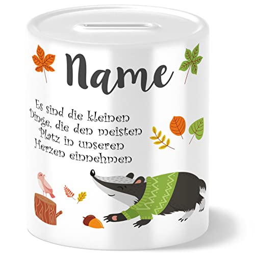 OWLBOOK Herbst Dachs Kinder Spardose Personalisiert mit Namen Geschenke Geschenkideen für Mädchen zum Geburtstag Einschulung Taufe Geburt Sparschwein von OWLBOOK